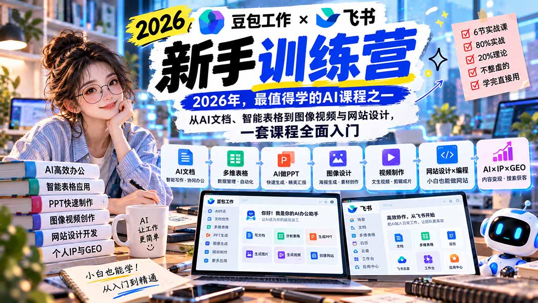 （20645期）2026豆包工作+飞书新手训练营-9月新课：从AI文档、智能表格到图像视频与网站设计，一套课程全面入门|无忧资源社