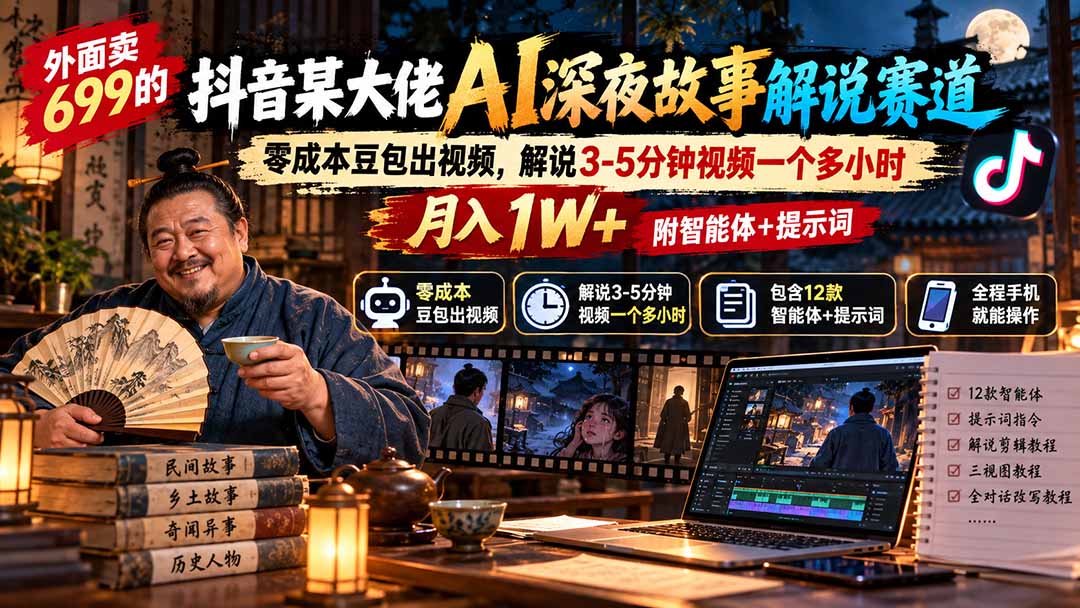 （20648期）外面卖699的抖音某大佬AI深夜故事解说赛道：零成本豆包出视频，解说3-5分钟视频一个多小时，月入1W+附智能体+提示词|无忧资源社
