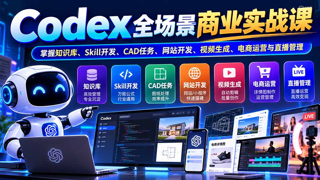 （20712期）【无水印】Codex全场景商业实战课：掌握知识库、Skill开发、CAD任务、网站开发、视频生成、电商运营与直播管理|无忧资源社