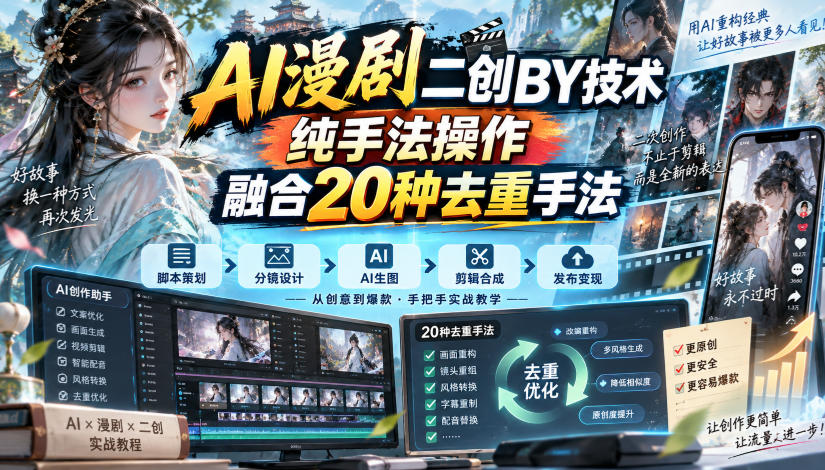 AI漫剧二创搬运技术,纯手法操作,融合20种去重手法|无忧资源社
