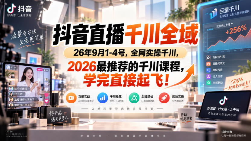 抖音直播千川全域26年9月1-4号，全网实操千川，2026最推荐的千川课程，学完直接起飞！|无忧资源社
