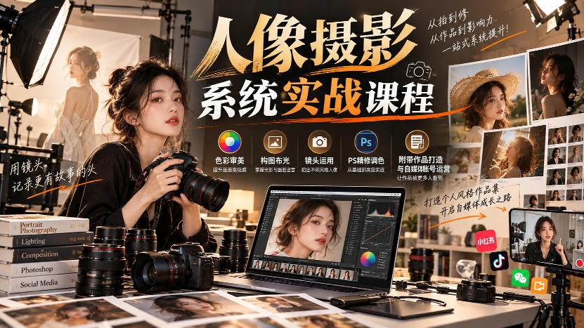 【无水印】人像摄影系统实战课程，色彩审美、构图布光、镜头运用、PS精修调色，附带作品打造与自媒体账号运营|无忧资源社