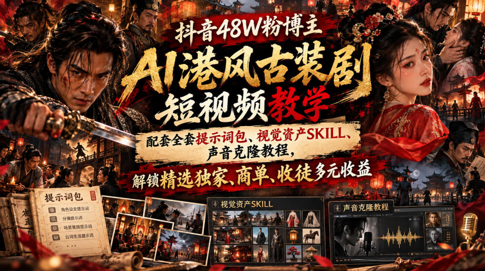 抖音48W粉博主AI港风古装剧短视频教学，配套全套提示词包、视觉资产SKILL、声音克隆教程，解锁精选独家、商单、收徒多元收益|无忧资源社