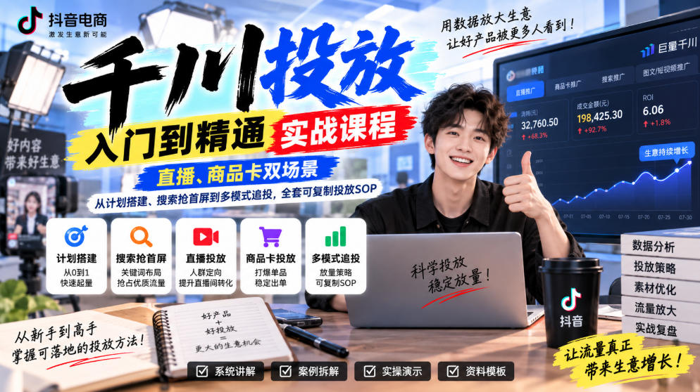 千川投放入门到精通实战课程,直播、商品卡双场景,从计划搭建、搜索抢首屏到多模式追投,全套可复制投放SOP|无忧资源社