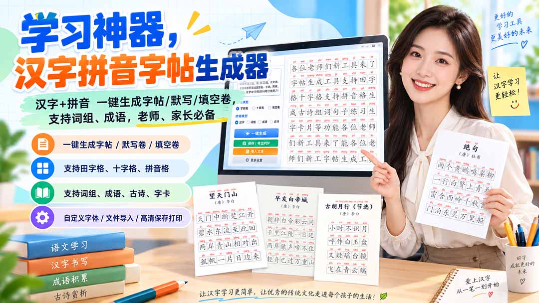 (20299期)学习神器,汉字拼音字帖生成器,汉字+拼音 一键生成字帖/默写/填空卷,支持词组、成语,老师、家长必备|无忧资源社