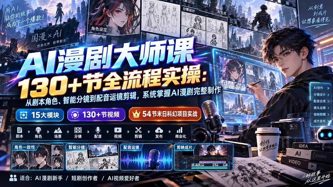 （20326期）AI漫剧大师课130+节全流程实操：从剧本角色、智能分镜到配音运镜剪辑，系统掌握AI漫剧完整制作|无忧资源社