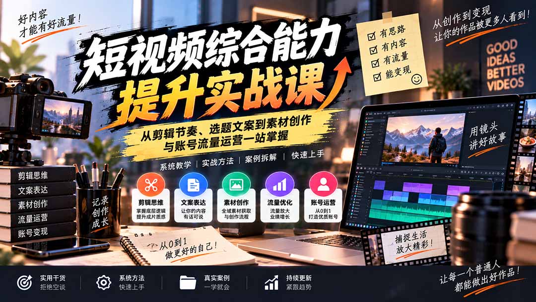 （20599期）短视频综合能力提升实战课：从剪辑节奏、选题文案到素材创作与账号流量运营一站掌握|无忧资源社