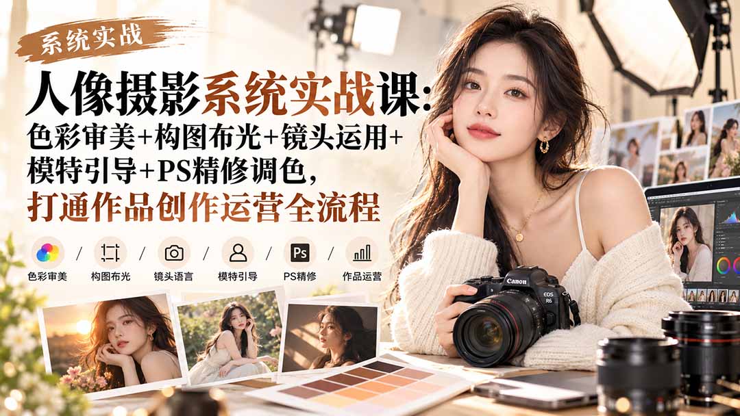 （20623期）【无水印】人像摄影系统实战课：色彩审美+构图布光+镜头运用+模特引导+PS精修调色，打通作品创作运营全流程|无忧资源社