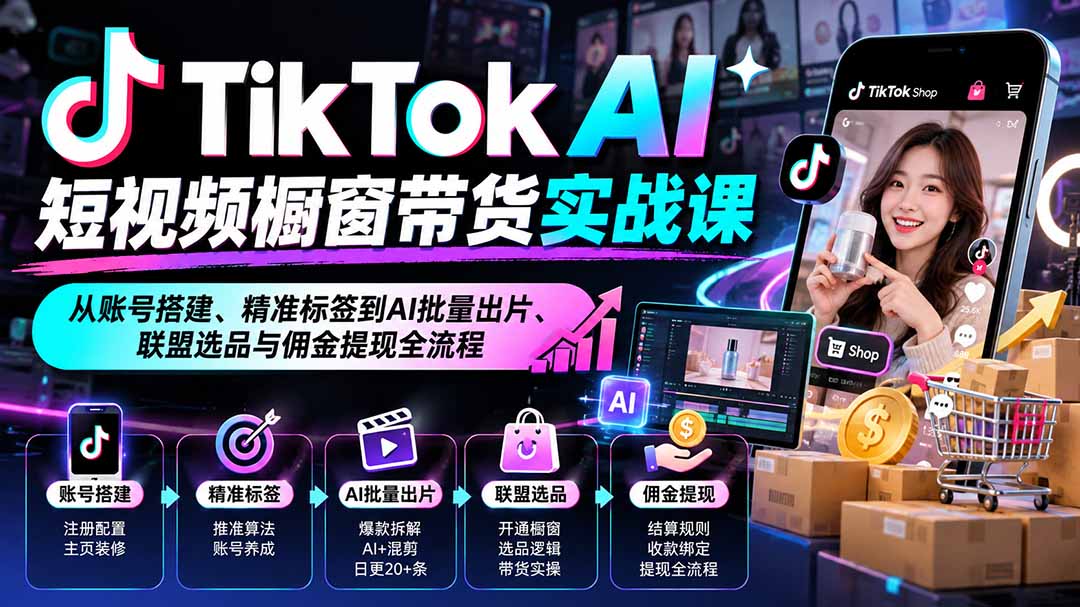 （20725期）TikTok AI短视频橱窗带货实战课：从账号搭建、精准标签到AI批量出片、联盟选品与佣金提现全流程|无忧资源社
