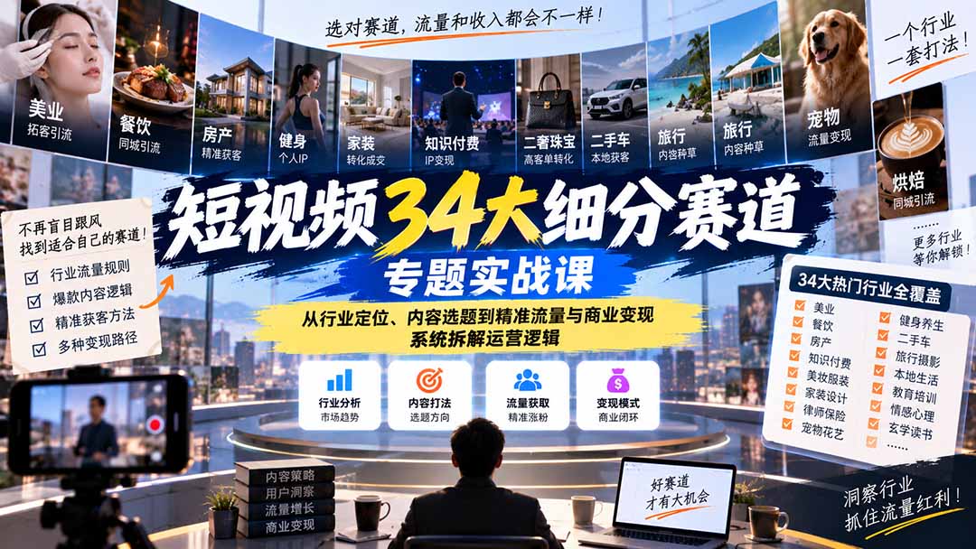 （20600期）短视频34大细分赛道专题实战课：从行业定位、内容选题到精准流量与商业变现，系统拆解运营逻辑|无忧资源社