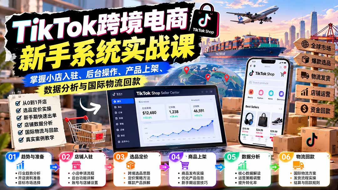 （20672期）TikTok跨境电商新手系统实战课：掌握小店入驻、后台操作、产品上架、数据分析与国际物流回款|无忧资源社