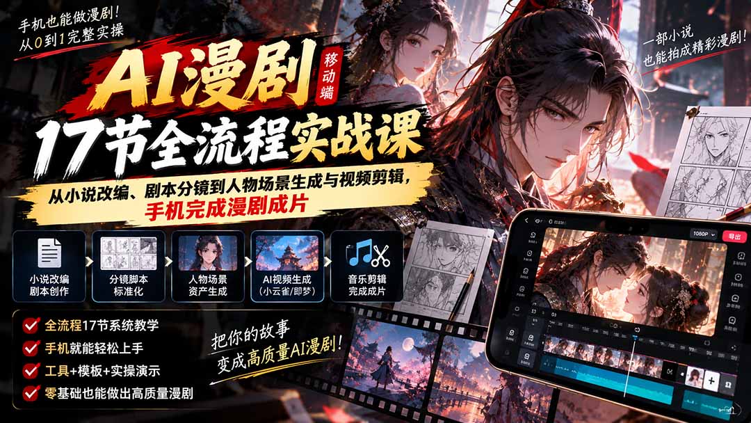 （20624期）AI漫剧移动端17节全流程实战课：从小说改编、剧本分镜到人物场景生成与视频剪辑，手机完成漫剧成片|无忧资源社