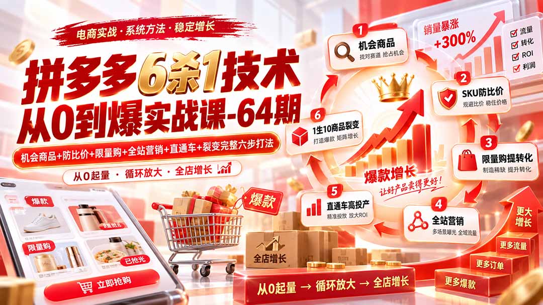（20315期）拼多多6杀1技术从0到爆实战课-64期：机会商品+防比价+限量购+全站营销+直通车+裂变完整六步打法|无忧资源社