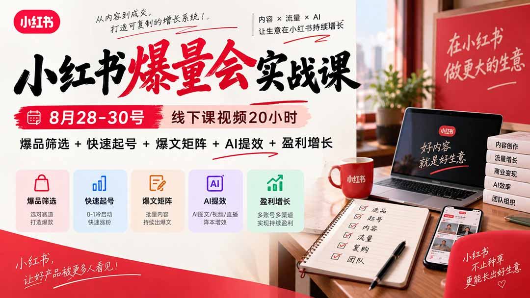 （20359期）小红书爆量会实战课：8月28-30号线下课视频20小时，爆品筛选+快速起号+爆文矩阵+AI提效+盈利增长|无忧资源社