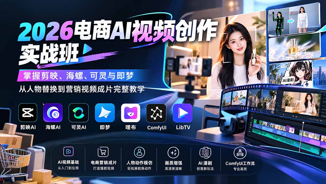 （20466期）2026电商AI视频创作实战班：掌握剪映、海螺、可灵与即梦，从人物替换到营销视频成片完整教学|无忧资源社