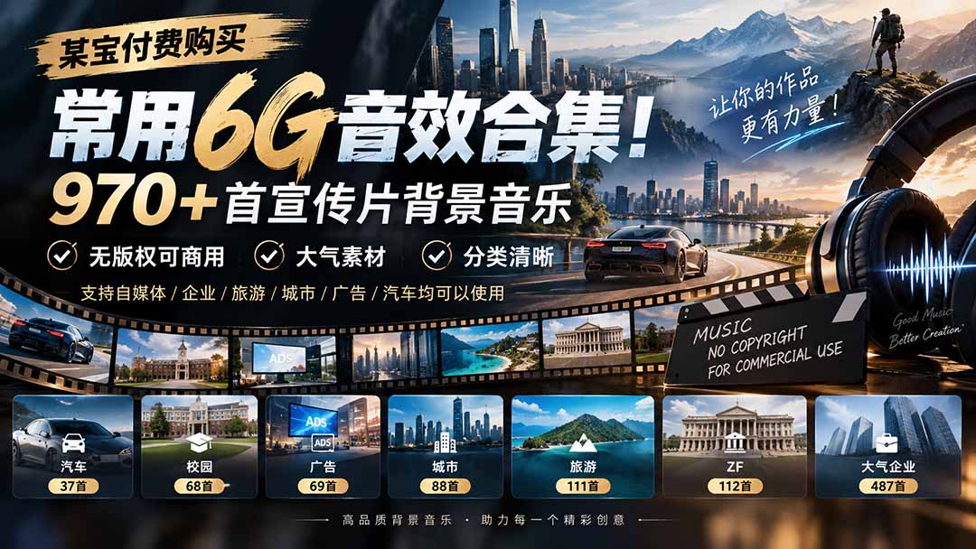 (20603期)某宝付费购买,常用6G音效合集!970+首宣传片背景音乐,无版权可商用大气素材,分类清晰|无忧资源社