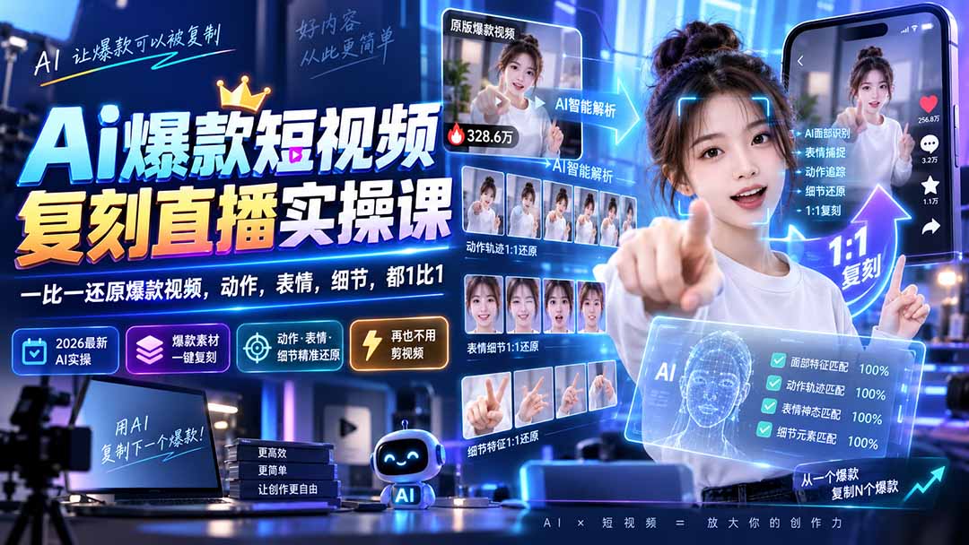 （20304期）最新Ai爆款短视频复刻直播实操课，一比一还原爆款视频，动作，表情，细节，都1比1|无忧资源社