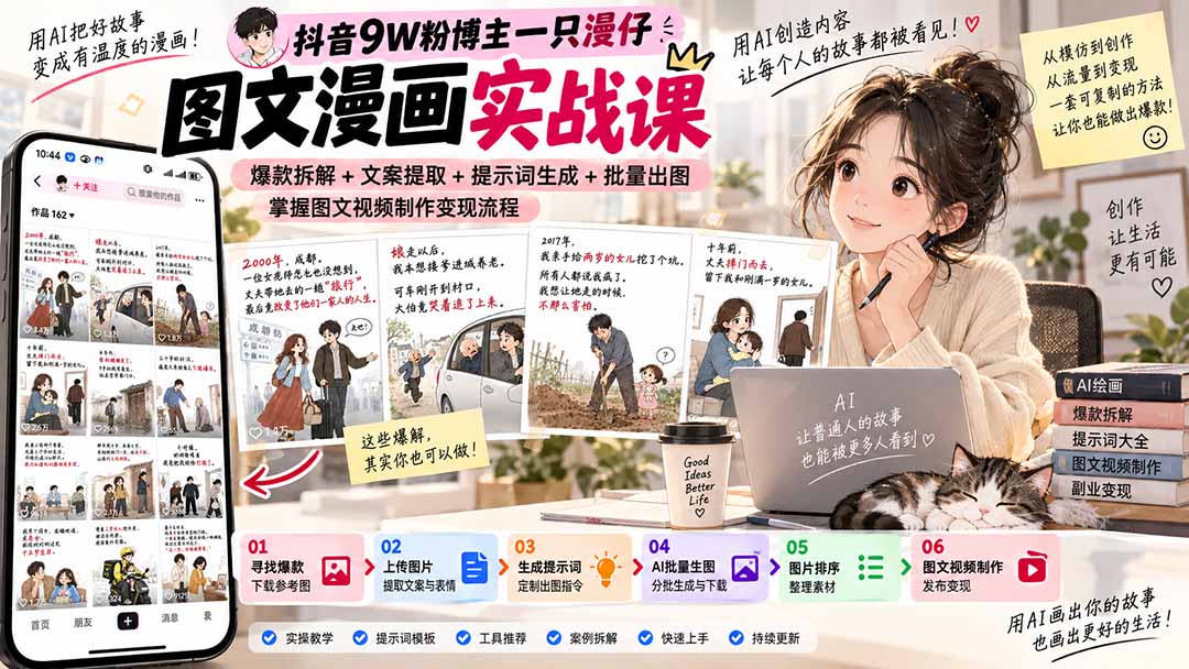 （20584期）抖音9W粉博主一只漫仔图文漫画课：爆款拆解+文案提取+提示词生成+批量出图，掌握图文视频制作变现流程|无忧资源社
