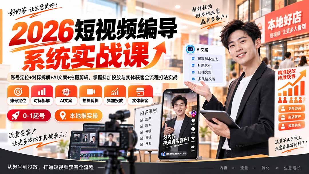 （20305期）2026短视频编导系统实战课：账号定位+对标拆解+AI文案+拍摄剪辑，掌握抖加投放与实体获客全流程打法实战|无忧资源社