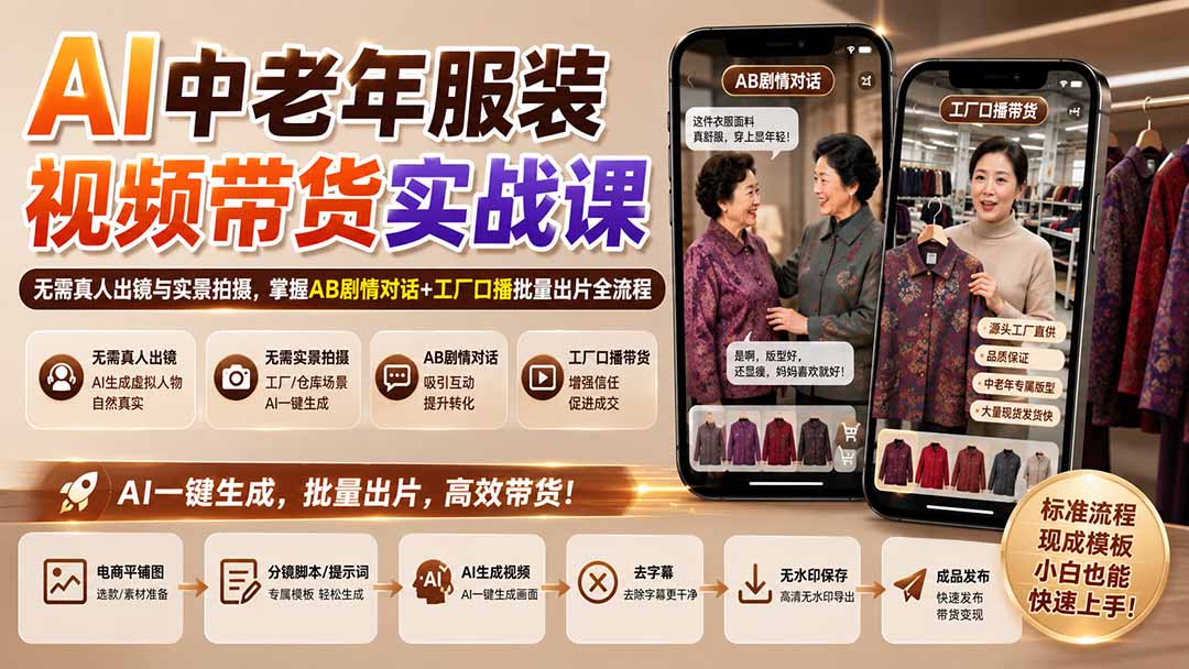 （20198期）AI中老年服装视频带货实战课：无需真人出镜与实景拍摄，掌握AB剧情对话+工厂口播批量出片全流程|无忧资源社
