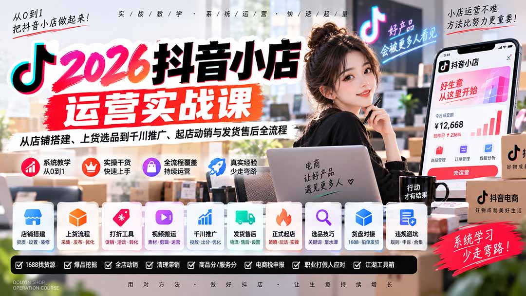 （20568期）2026抖音小店运营实战课｜从店铺搭建、上货选品到千川推广、起店动销与发货售后全流程|无忧资源社