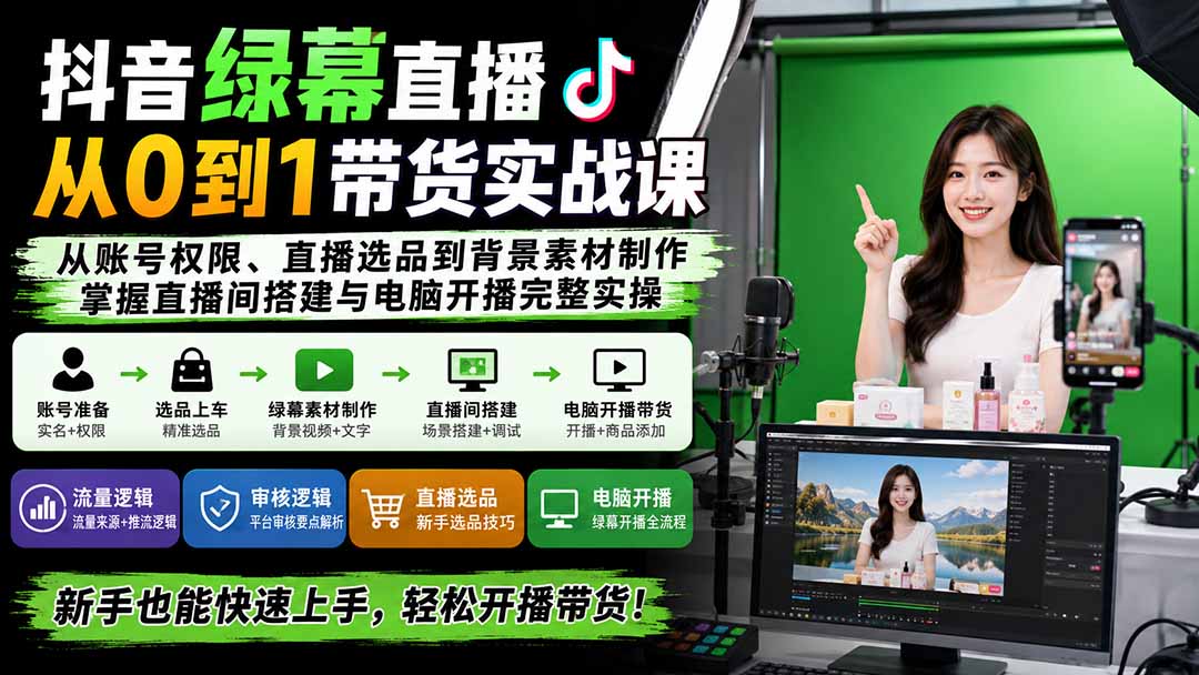 （20224期）抖音绿幕直播从0到1带货实战课：从账号权限、直播选品到背景素材制作，掌握直播间搭建与电脑开播完整实操|无忧资源社