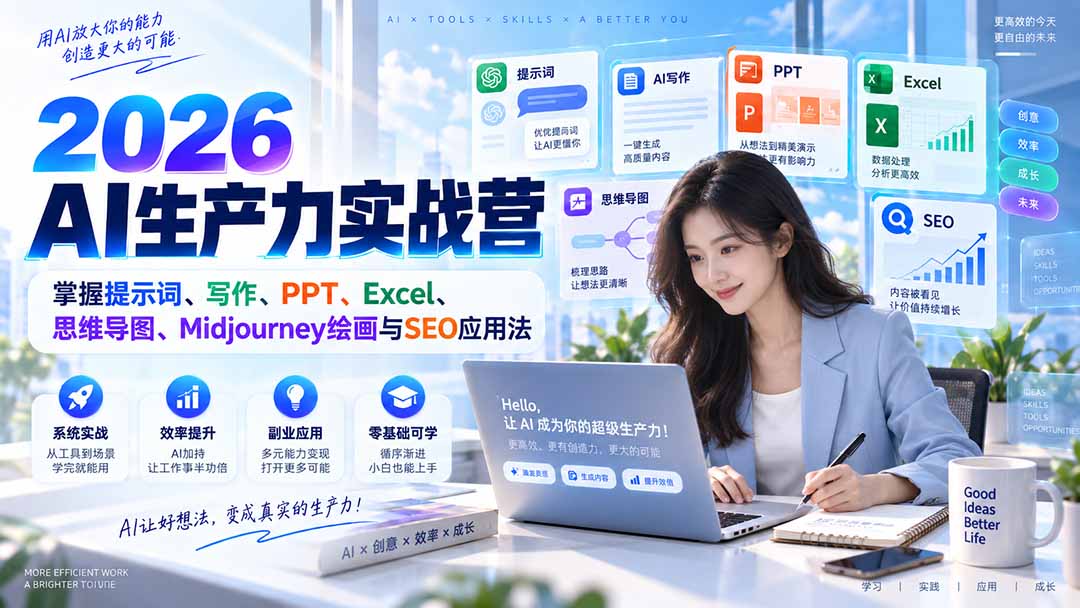 （20307期）2026AI生产力实战营：掌握提示词、写作、PPT、Excel、思维导图、Midjourney绘画与SEO应用法|无忧资源社