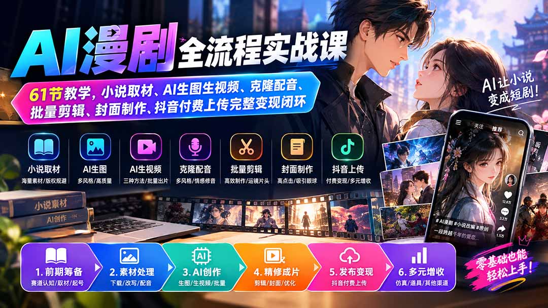（20199期）AI漫剧全流程实战课｜61节教学，小说取材、AI生图生视频、克隆配音、批量剪辑、封面制作、抖音付费上传完整变现闭环|无忧资源社