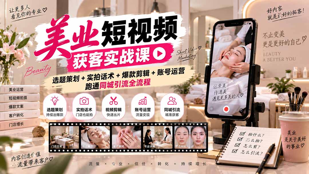 （20586期）美业短视频获客实战课-无水印：选题策划+实拍话术+爆款剪辑+账号运营，跑通同城引流全流程|无忧资源社