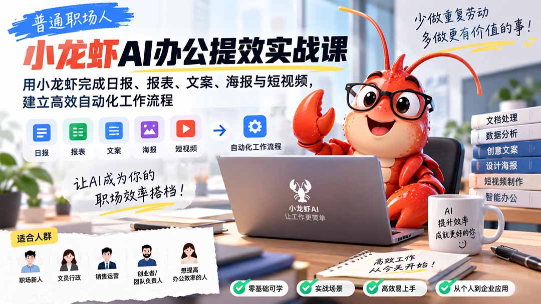 （20379期）普通职场人AI办公提效实战课：用小龙虾完成日报、报表、文案、海报与短视频，建立高效自动化工作流程|无忧资源社