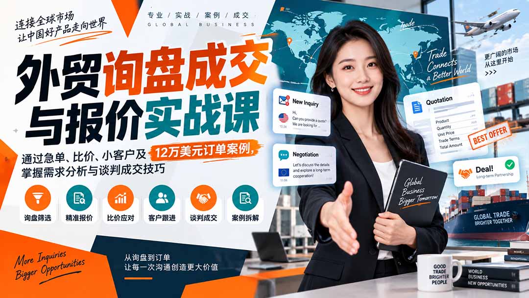 （20424期）外贸询盘成交与报价实战课：通过急单、比价、小客户及12万美元订单案例，掌握需求分析与谈判成交技巧|无忧资源社