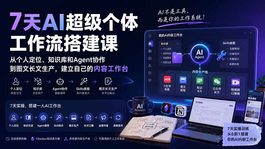 （20190期）7天AI超级个体工作流搭建课：从个人定位、知识库和Agent协作到图文长文生产，建立自己的内容工作台|无忧资源社
