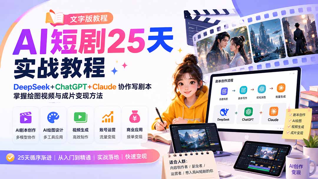 （20225期）AI短剧25天实战教程（文字版教程）：DeepSeek+ChatGPT+Claude协作写剧本，掌握绘图视频与成片变现方法|无忧资源社