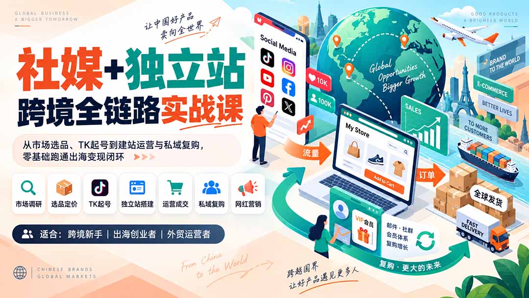（20361期）社媒+独立站跨境全链路实战课：从市场选品、TK起号到建站运营与私域复购，零基础跑通出海变现闭环|无忧资源社
