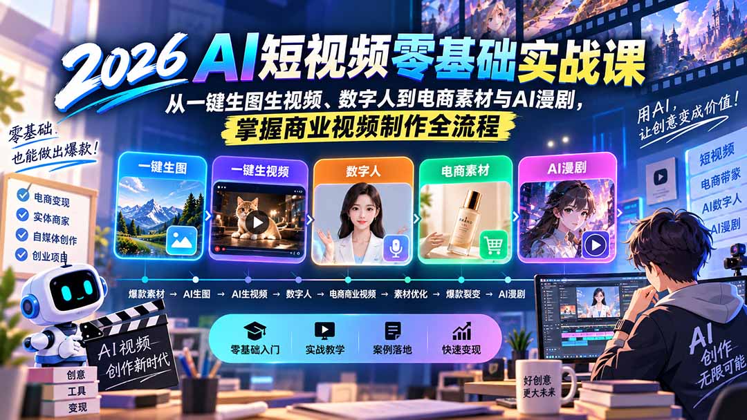 （20263期）2026AI短视频零基础实战课：从一键生图生视频、数字人到电商素材与AI漫剧，掌握商业视频制作全流程|无忧资源社