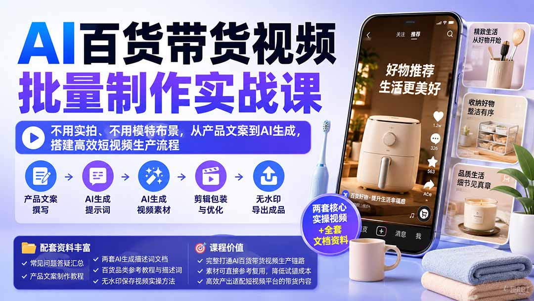 （20179期）AI百货带货视频批量制作实战课：不用实拍、不用模特布景，从产品文案到AI生成，搭建高效短视频生产流程|无忧资源社