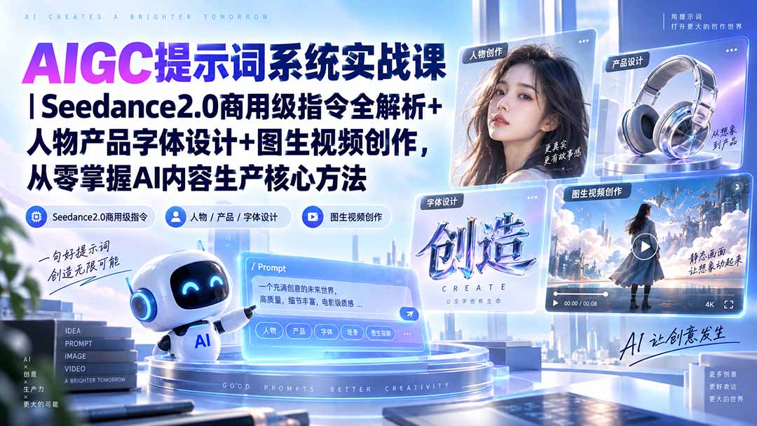 （20559期）AIGC提示词系统实战课-无水印｜Seedance2.0商用级指令全解析+人物产品字体设计+图生视频创作，掌握AI内容生产方法|无忧资源社