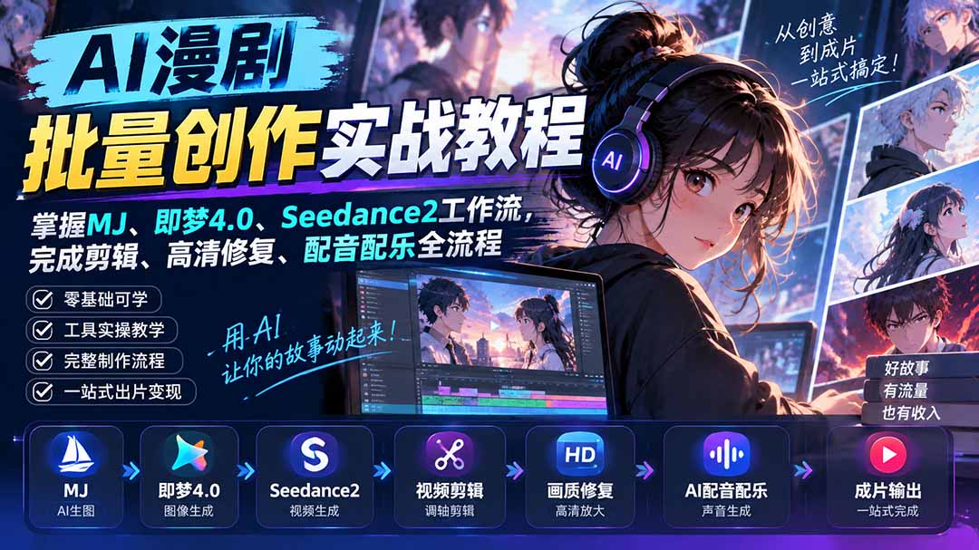 (20488期)AI漫剧批量创作实战教程:掌握MJ、即梦4.0、Seedance2工作流,完成剪辑、高清修复、配音配乐全流程|无忧资源社