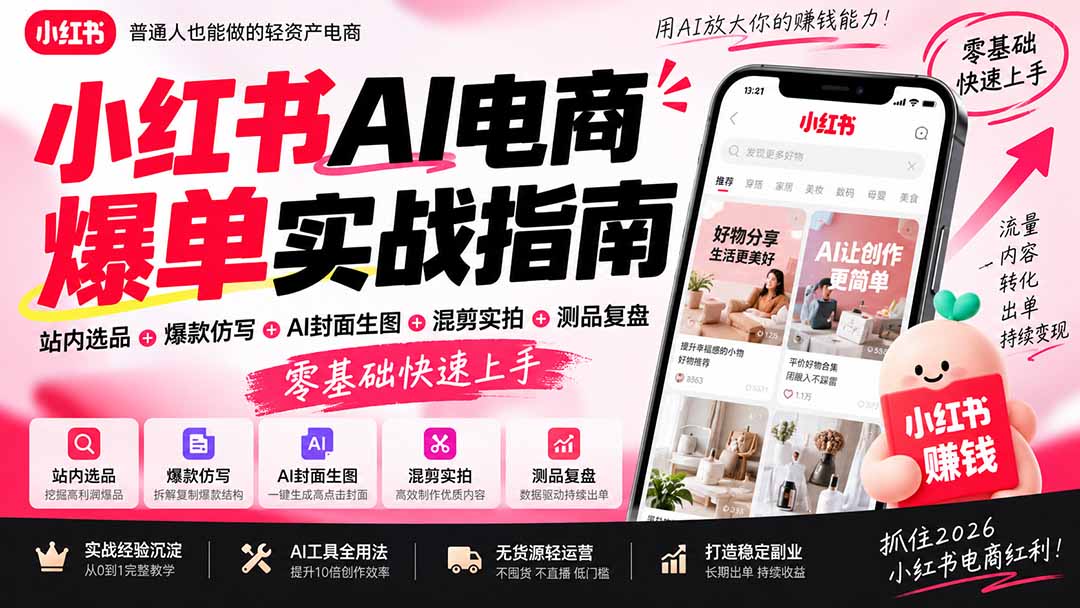 （20516期）2026小红书AI电商爆单实战指南：站内选品+爆款仿写+AI封面生图+混剪实拍+测品复盘，零基础快速上手|无忧资源社