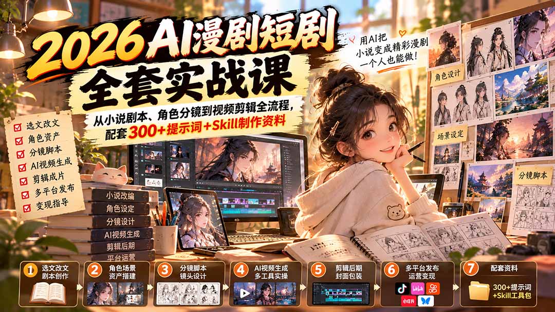 （20629期）2026AI漫剧短剧全套实战课：从小说剧本、角色分镜到视频剪辑全流程，配套300+提示词+Skill制作资料|无忧资源社