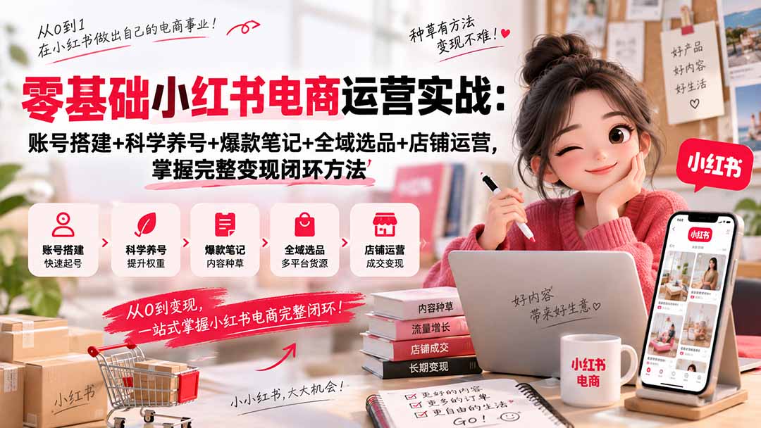 (20467期)零基础小红书电商运营实战:账号搭建+科学养号+爆款笔记+全域选品+店铺运营,掌握完整变现闭环方法|无忧资源社