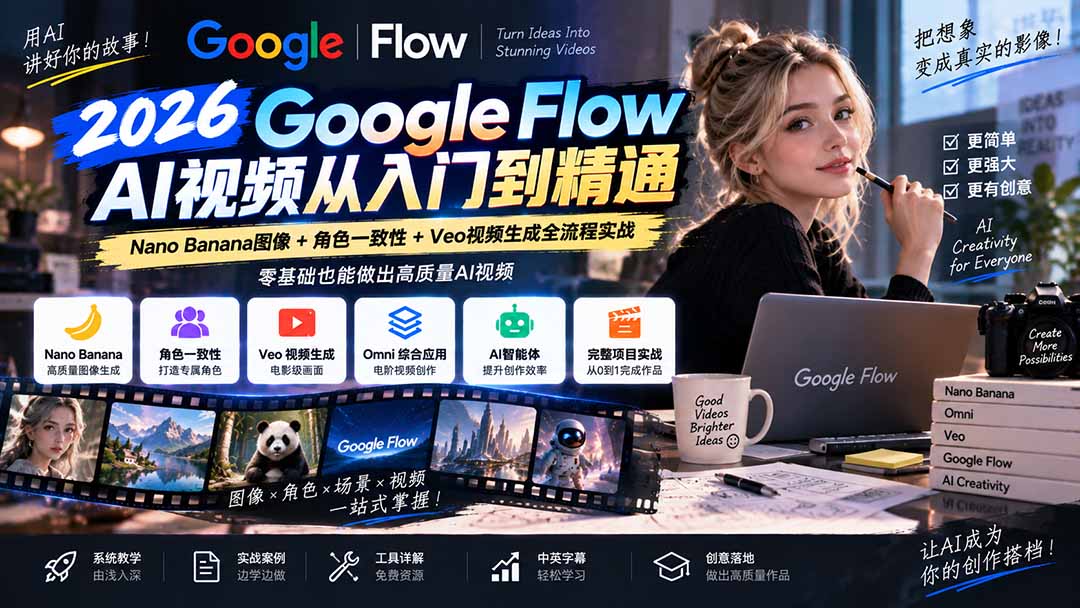 （20608期）【无水印】Google Flow AI视频从入门到精通：Nano Banana图像+角色一致性+Veo视频生成全流程实战-精翻中英字幕|无忧资源社