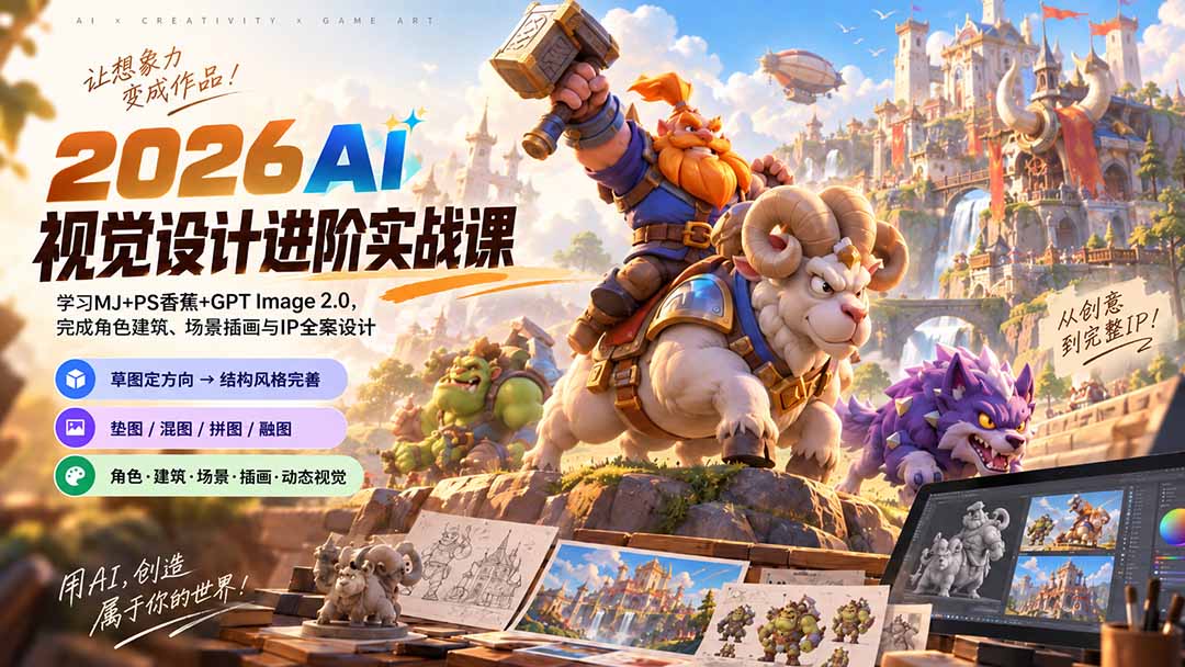 （20425期）2026AI视觉设计进阶实战课-更新：学习MJ+PS香蕉+GPT Image 2.0，完成角色建筑、场景插画与IP全案设计|无忧资源社