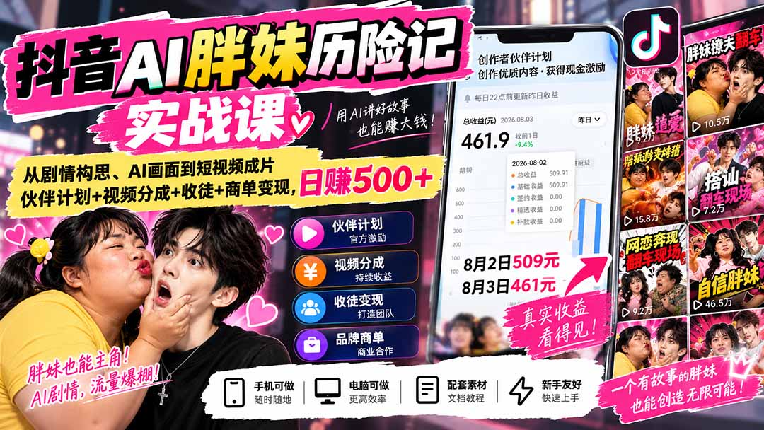 (20489期)抖音AI胖妹历险记实战课:从剧情构思、AI画面到短视频成片,伙伴计划+视频分成+收徒+商单变现,日赚500+|无忧资源社
