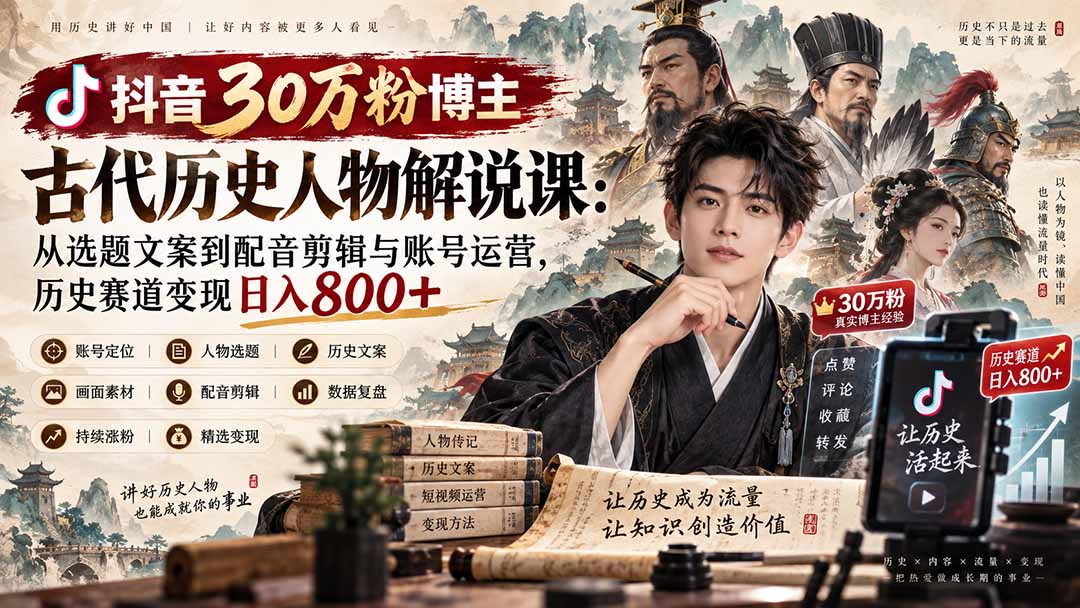 (20441期)抖音30万粉博主古代历史人物解说课:从选题文案到配音剪辑与账号运营,历史赛道变现日入800+|无忧资源社