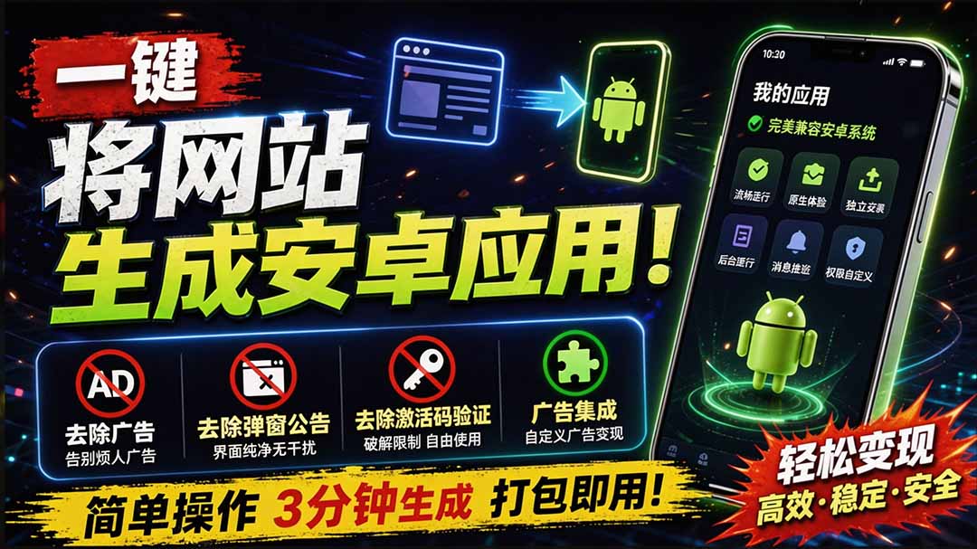 （20305期）目前最好用，一键将网站生成安卓应用！支持去除广告、弹窗公告、激活码验证、广告集成等 web-to-app|无忧资源社