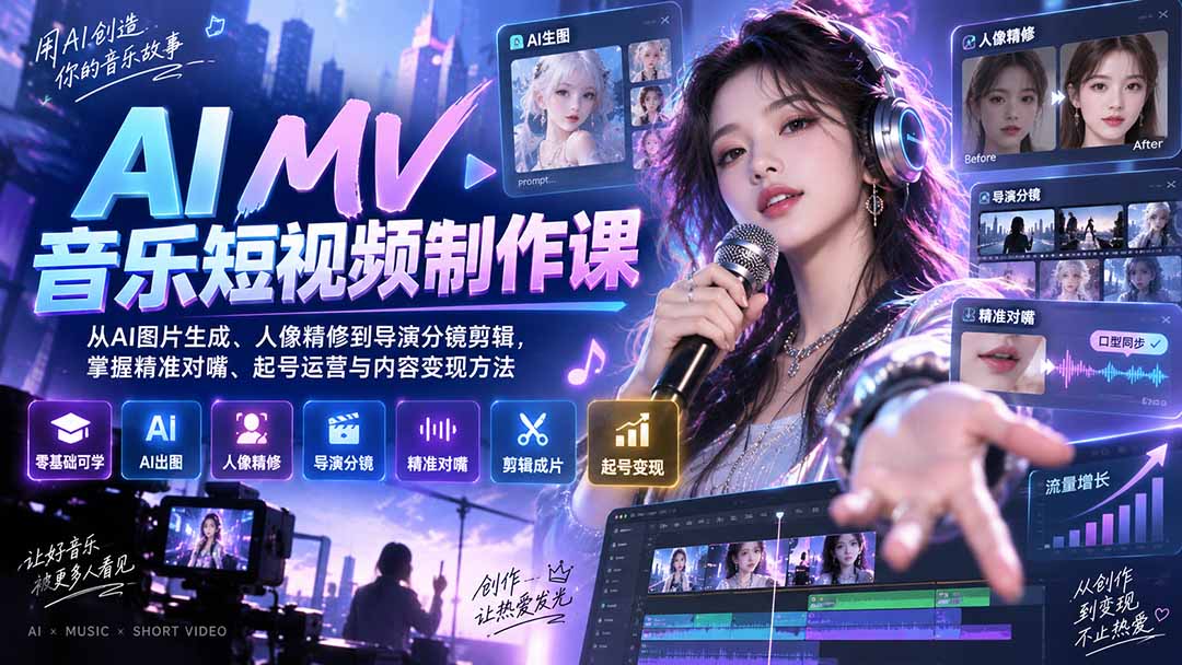 （20364期）AI MV音乐短视频制作课：从AI图片生成、人像精修到导演分镜剪辑，掌握精准对嘴、起号运营与内容变现方法|无忧资源社