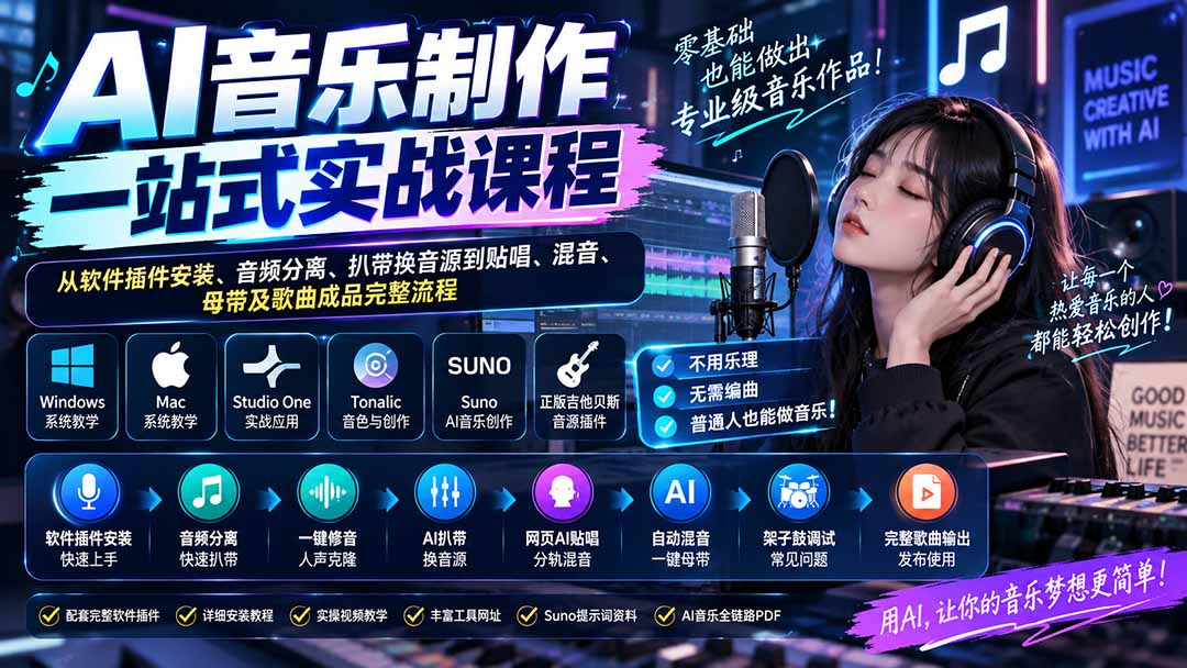 (20490期)AI音乐制作一站式实战课程:从软件插件安装、音频分离、扒带换音源到贴唱、混音、母带及歌曲成品完整流程|无忧资源社