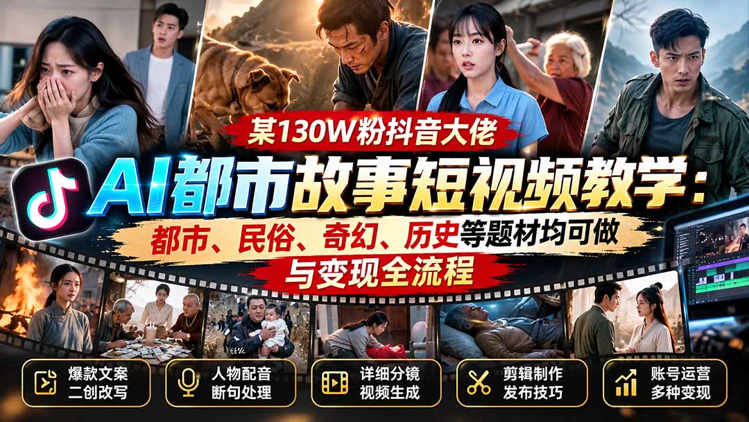 （20692期）某130W粉抖音大佬AI都市故事短视频教学：都市、民俗、奇幻、历史等题材均可做与变现全流程|无忧资源社