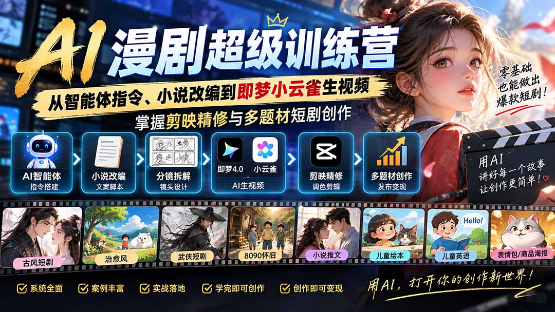 (20491期)AI漫剧超级特训营:从智能体指令、小说改编到即梦小云雀生视频,掌握剪映精修与多题材短剧创作|无忧资源社